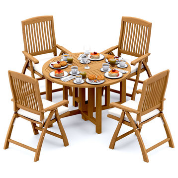 5-Piece Outdoor Teak Dining Set, 48" Round Butterfly Table, 4 Marley Arm Chairs