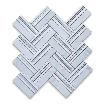 Carrara Thassos White Marble Herringbone Mosaic Strip Tile Honed 1x4, 1 sheet