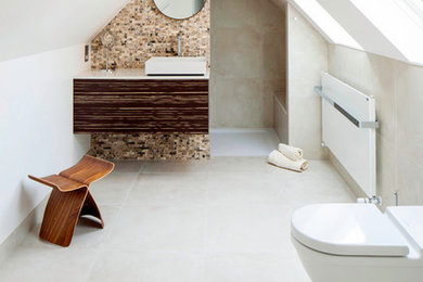 Design ideas for a large contemporary wet room bathroom in Cambridgeshire with flat-panel cabinets, brown cabinets, a wall mounted toilet, white walls, grey floors and an open shower.