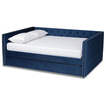 Elara Classic Velvet Daybed With Trundle, Queen Size, Navy