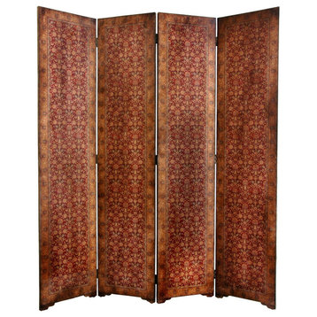 Classic Room Divider, Elegant Design With Rococo Patterned Faux Leather, Brown