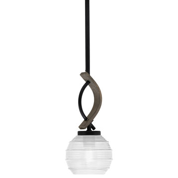 Monterey Mini Pendant Matte Black & Painted Distressed Wood-look 6" Clear Ribbed