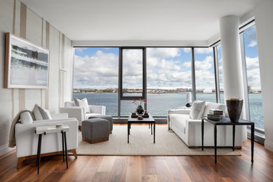 Living room - contemporary living room idea in Boston with white walls