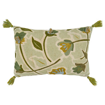 Down Filled Throw Pillow With Embroidered Large Floral Design, 16"x24", Green