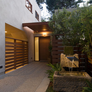 На фото: прихожие в восточном стиле с одностворчатой входной дверью и входной дверью из темного дерева