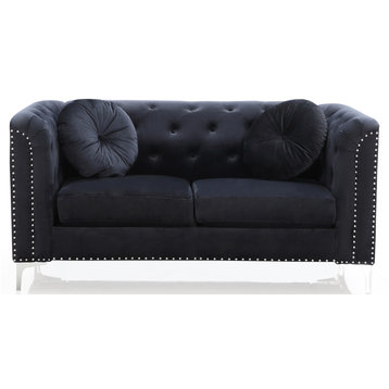 Pompano 62 in. Black Tufted Velvet 2-Seater Sofa With 2-Throw Pillow