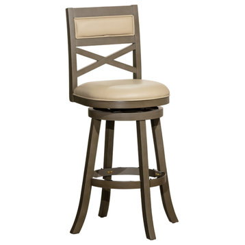 DTY Indoor Living Meeker X Back Swivel Stool, 30" Bar Stool, Weathered Gray, French Gray Leather