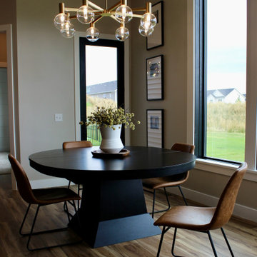 Angled Kitchen Design with Slab Style Cabinets in Pecan Stain