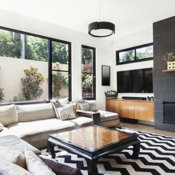 Monochrome Living Room With Wood and Grey Tiling