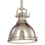Hudson Valley Lighting - Pelham 1-Light Pendant, Polished Nickel, 10.5" - Inspired by vintage utility lighting, the Pelham One Pendant Light features a bell-shaped shade with a polished nickel finish. Cast metal tension clips hold a circular etched glass diffuser in place to produce a soft, ambient glow. Suspend multiple pendants above a kitchen counter or table for a subtle, industrial vibe.