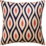 KashmirDesigns - Contemporary Seamless Navy Light Coral Accent Pillow Cover Handmade Wool 18x18" - Kashmir is proud to bring together the modern abstract vector design pillow cover collection, hand embroidered by the finest artisans of Kashmir, into the living spaces of patrons and connoisseur all around the world. These unique, seamless and modern pillow covers would bring together the artistic elements of any room, creating a harmonious design and perfect air of sophistication.