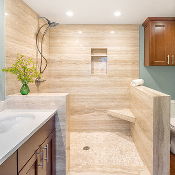 Walnut Travertine ThinSlab & Cotton White PentalQuartz - Sauvie Island