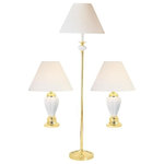 ORE International - Ivory Ceramic/Brass Table, Floor Lamp 3-Piece Set - This set of three lamps, which includes one floor and two table lamps, allow you to easily add streamlined style to any room. Featuring an elegantly curved ceramic urn shape design and a color coordinated bell shade, these versatile lamps will match any decor. Classic and elegant. Floor lamp takes one 150 watt type A bulb, table lamp takes one 80 watt max type A bulb. Lamp set cell bulb compatible. Floor lamp shade measures 7 across the top, 16" across the bottom and 12" on the slant. Table lamp shade measures 6" across the top, 16" across the bottom, 12" on the slant. UL listed, three way rotary switch.Bulbs not included