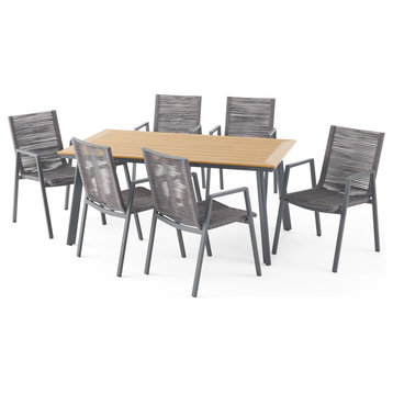 Reese Outdoor Modern 6 Seater Aluminum Dining Set With Faux Wood Table Top