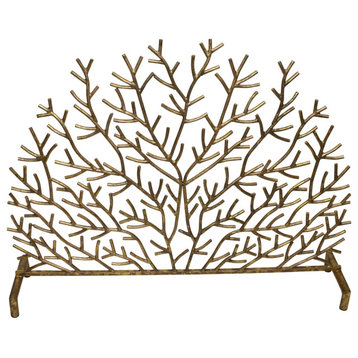 Luxe Gold Twig Branches Decorative Iron Firescreen Arch Fireplace Screen Organic