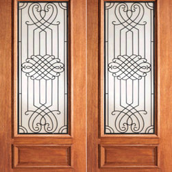 Designer Ironwork Scrollwork Glass, Mahogany Prehung Double Door - Front Doors