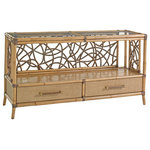 Tommy Bahama Home - Sonesta Serving Console - The serving console offers a distinctive look, featuring twisted rattan fretwork on the end and back panels, finished in a rich umber coloration. The top surface features beveled tempered glass. The shelf below is crushed bamboo. Two drawers at the bottom offer ample storage behind woven raffia fronts.