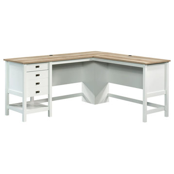 Classic Desk, L-Shaped Design With Storage Drawers & Round Handles, White Oak