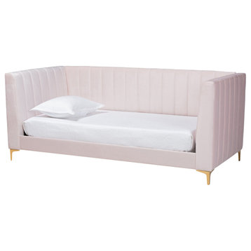 Taryn Modern Luxe Light Pink Velvet Fabric and Gold Twin Daybed