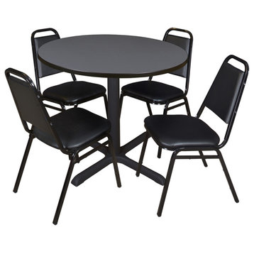 Cain 42" Round Breakroom Table- Grey & 4 Restaurant Stack Chairs- Black