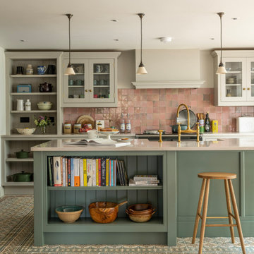 75 Kitchen with Green Cabinets and Pink Backsplash Ideas You'll Love ...