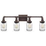 Quoizel - Quoizel SQR8604RK Squire 4 Light Bath Light - Rustic Black - Shabby chic, industrial, rusticthe Squire Collection contains all of these elements in one, cohesive design. The fixture body is comprised of pipes and elbows and comes in a Galvanized or Rustic Black finish which features an aged appearance. The beautiful clear glass mason jars are embellished with fruit-inspired designs that encase vintage-style bulbs completing the farmhouse style.