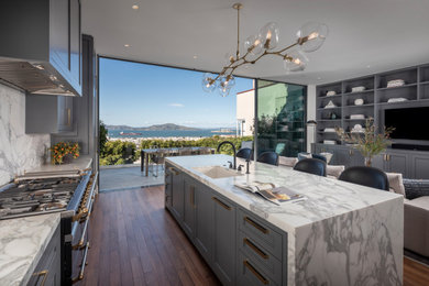 Mid-sized transitional medium tone wood floor eat-in kitchen photo in San Francisco with an undermount sink, gray cabinets, marble countertops, white backsplash, marble backsplash, an island and white countertops