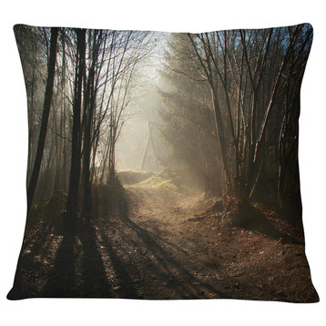 Dark Path in Fall Foggy Forest Landscape Photography Throw Pillow, 16"x16"