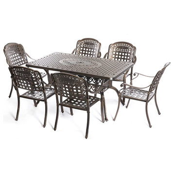7 Piece Patio Dining Set, Aluminum Chairs & Rectangular Table With Umbrella Hole