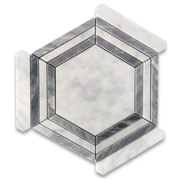 Carrara White Bardiglio Marble 5" Hexagon Strip Georama Geometric Tile, 1 sheet
