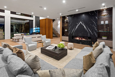 Minimalist formal and open concept living room photo in Los Angeles with white walls, a ribbon fireplace, a stone fireplace and no tv