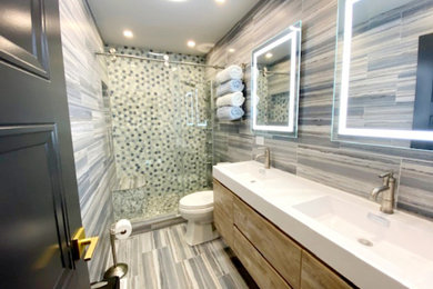 Contemporary Bathroom in blue tile with night light