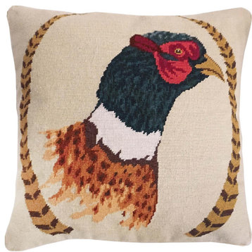 Pillow Throw Pheasant and Feathers 18x18 Beige Cotton Velvet Poly