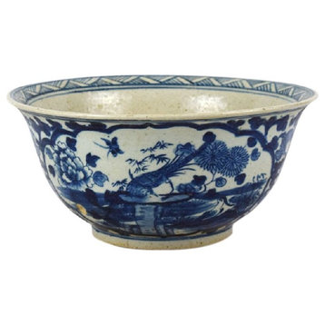 Blue and White Porcelain Bird Motif Bowl, 12.5"