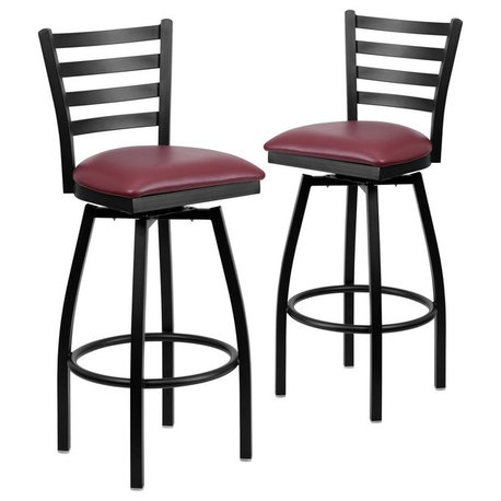 Hercules Series Black Ladder Back Swivel Metal Barstools, Burgundy, Set of 2