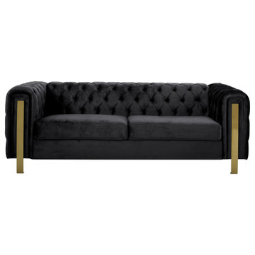 Giovanna Modern Glam Tufted Velvet 3 Seater Sofa, Black + Gold Baking Finish