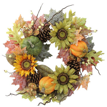 24" Artificial Sunflowers, Pumpkins, Pinecone, Maple Leaves And Berries Wreath