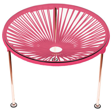 Zicatela Indoor/Outdoor Handmade Side Table, Pink Weave, Copper Frame