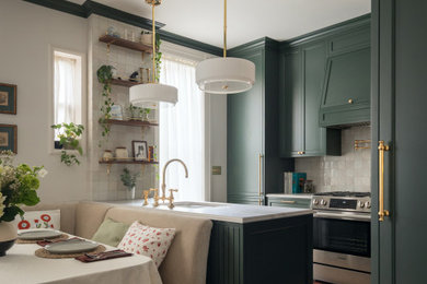 Mid-sized elegant l-shaped dark wood floor and brown floor eat-in kitchen photo in New York with an undermount sink, beaded inset cabinets, green cabinets, quartzite countertops, white backsplash, porcelain backsplash, stainless steel appliances, a peninsula and white countertops