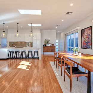 ニューカッスルのトランジショナルスタイルのLDKの画像 (白い壁、無垢フローリング、茶色い床)