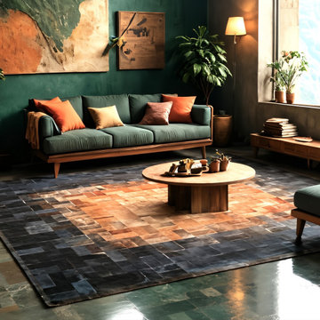 Warm Eclectic Interior – Custom Cowhide Patchwork Rug