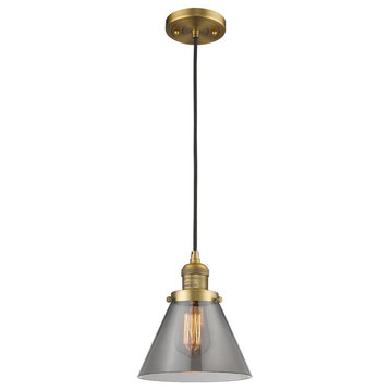 Large Cone LED Pendant, Brushed Brass, Glass: Smoked