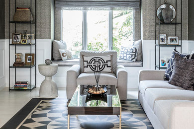 Transitional formal multicolored floor living room photo in New York with gray walls
