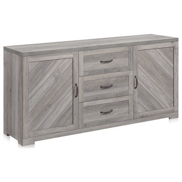 Sideboard, Console Table Or Buffet With Three Drawers & Four Shelves, Gray Wash