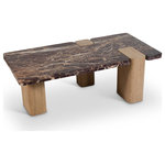 Meridian Furniture - Ravenna Marble and Oak Wood Table, Burgundy, Natural, Coffee Table - A bold fusion of rich materials, the Ravenna burgundy genuine marble top and natural oak wood base coffee table showcases burgundy red cherry-colored marble with striking veining. Its handcrafted marble surface is beautifully balanced by a natural oak wood base, blending warmth with architectural form. Rooted in Art Deco influence, this statement piece is designed to elevate any space with sculptural elegance.
