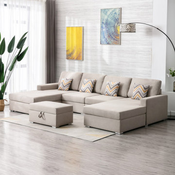 Nolan 124" Linen 5Pc Double Chaise Sectional Sofa with Interchangeable Legs, Sto