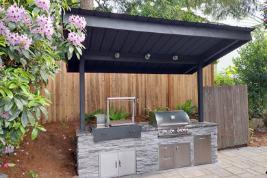 Patio kitchen - mid-sized eclectic backyard concrete paver patio kitchen idea in Seattle with a gazebo
