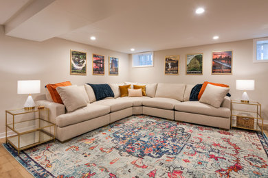 Basement - large transitional look-out vinyl floor and brown floor basement idea in Richmond with white walls and no fireplace