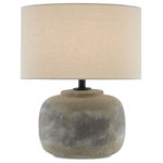 Currey & Company - Beton Table Lamp - The Beton Table Lamp has a distressed finish on its concrete body aptly named antique earth. This is one of our products that illustrates the talented finish artisans who make our new products look beautifully aged. We've topped this buxom distressed gray lamp with a light beige linen shade.
