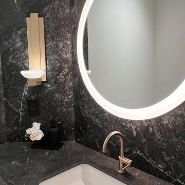 Soft-Modern Whole Home Renovation | Powder Room Round Lighted Mirror